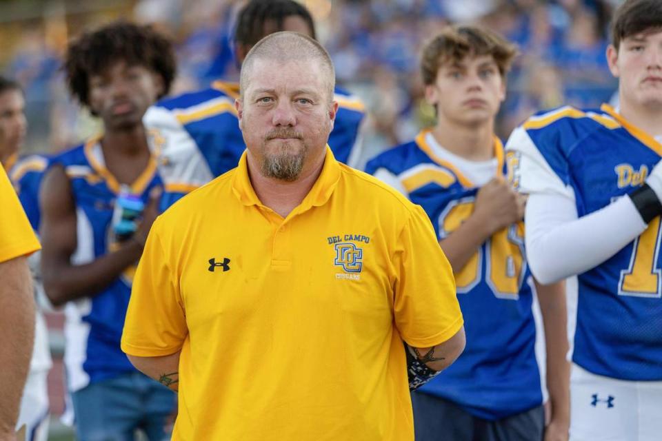 Del Campo coach Matt Costa stands on the sidelines before a 2022 game against the Bella Vista Broncos in Fair Oaks. Sara Nevis/snevis@sacbee.com