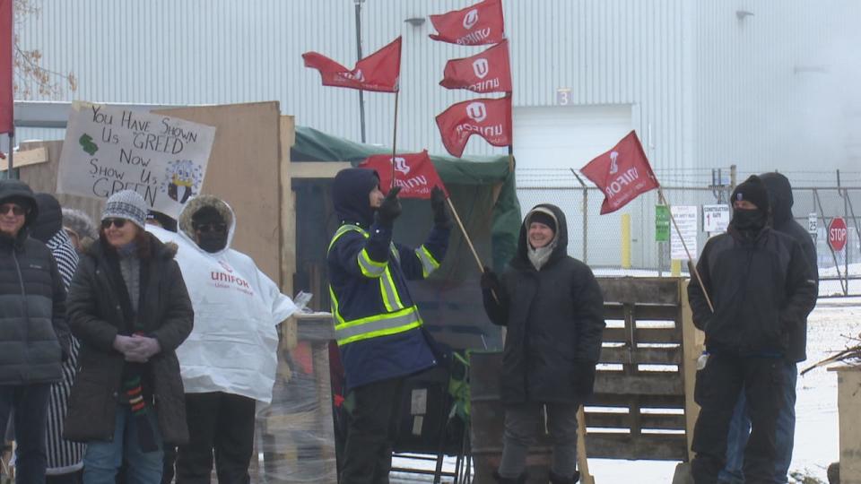 Unifor Local 195 members endure winter weather on the picket line at Jamieson Laboratories in Windsor. (Dalson Chen/CBC - image credit)