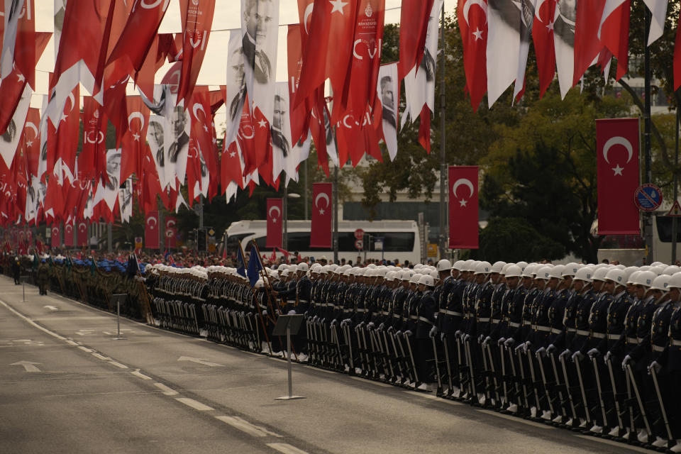 Turkey's army soldiers in a parade as part of celebrations marking the 100th anniversary of the creation of the modern, secular Turkish Republic, in Istanbul, Turkey, Sunday, Oct. 29, 2023. (AP Photo/Emrah Gurel)
