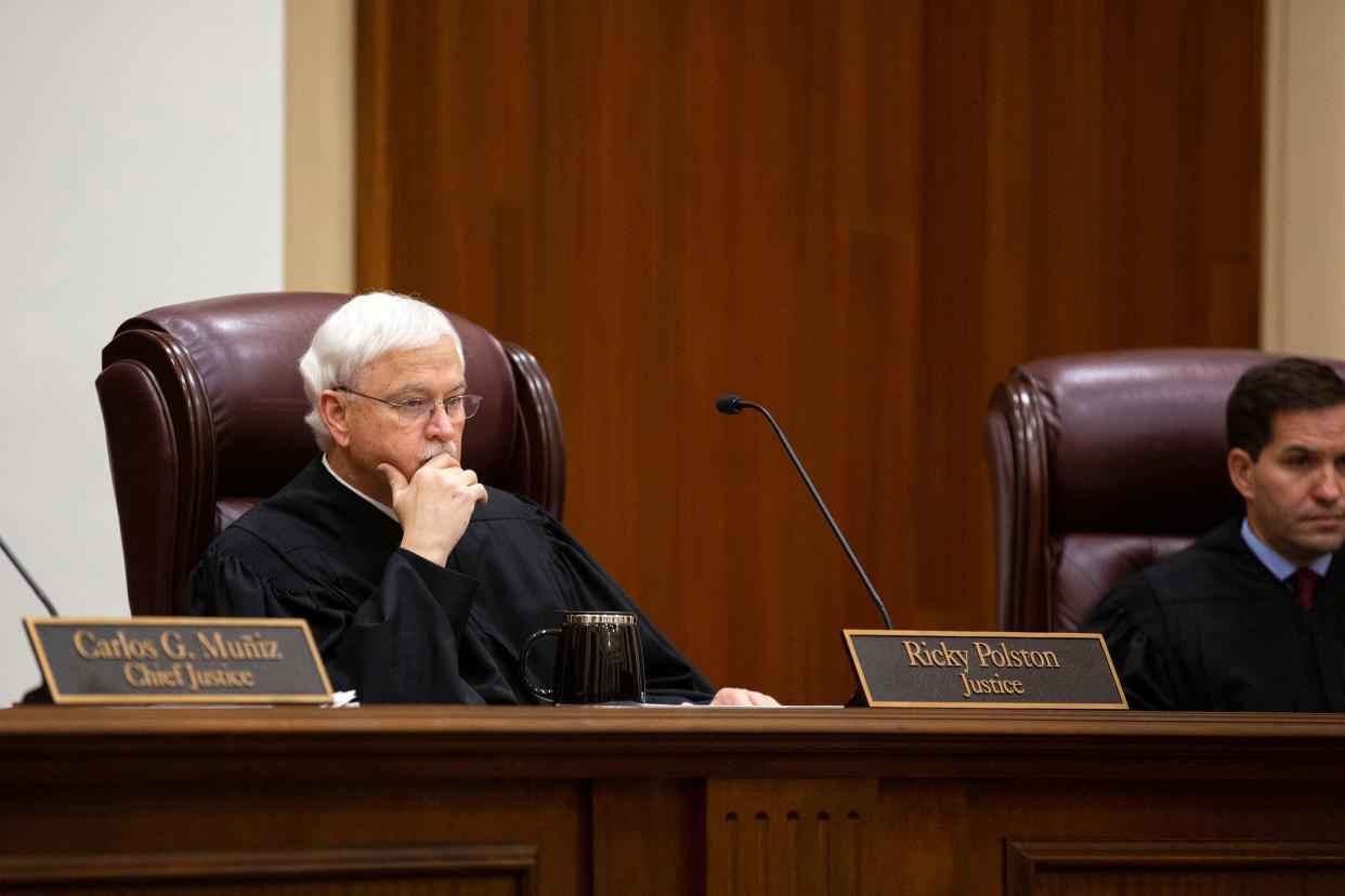 Florida Supreme Court Justice Ricky Polston listens to arguments on Wednesday, Dec. 7, 2022 in a case concerning Marsy's Law.