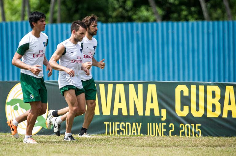 New York Cosmos football players take part in a training session at the Pedro Marrero stadium on June 1, 2015 in Havana