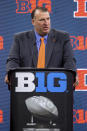 University of Illinois head coach Bret Bielema speaks during an NCAA college football news conference at the Big Ten Conference media days, Thursday, July 22, 2021, at Lucas Oil Stadium in Indianapolis. (AP Photo/Doug McSchooler)