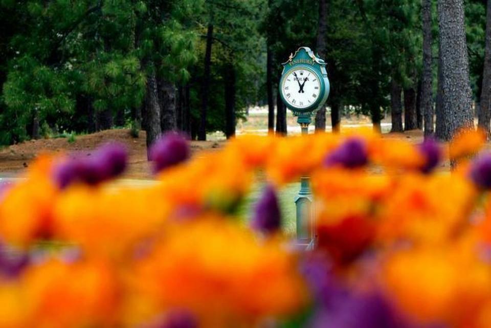 The big Rolex clock near the first tee on Pinehurst No. 2.