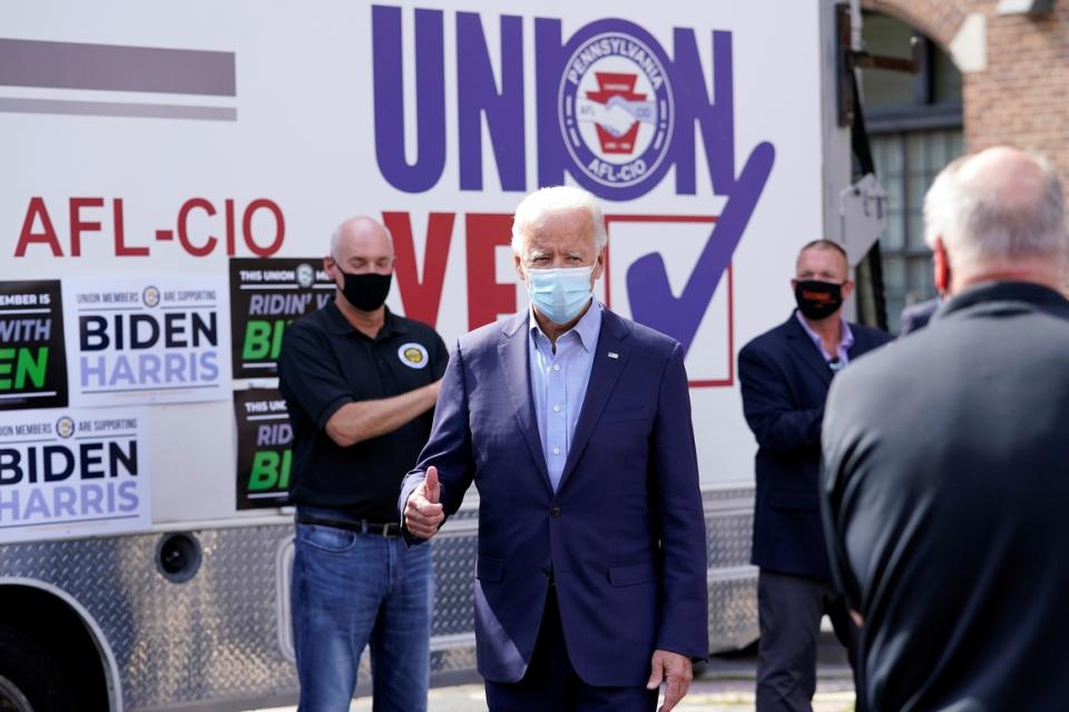 Joe Biden meets with union leaders outside at the AFL-CIO headquarters in Harrisburg, Pa., on Sept. 7, 2020.  