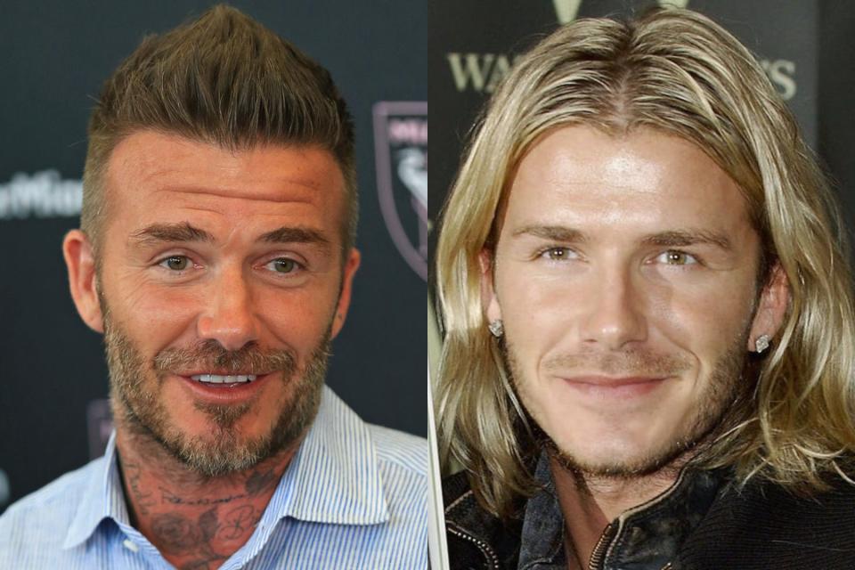 david beckham with short hair on the left and long hair on the right