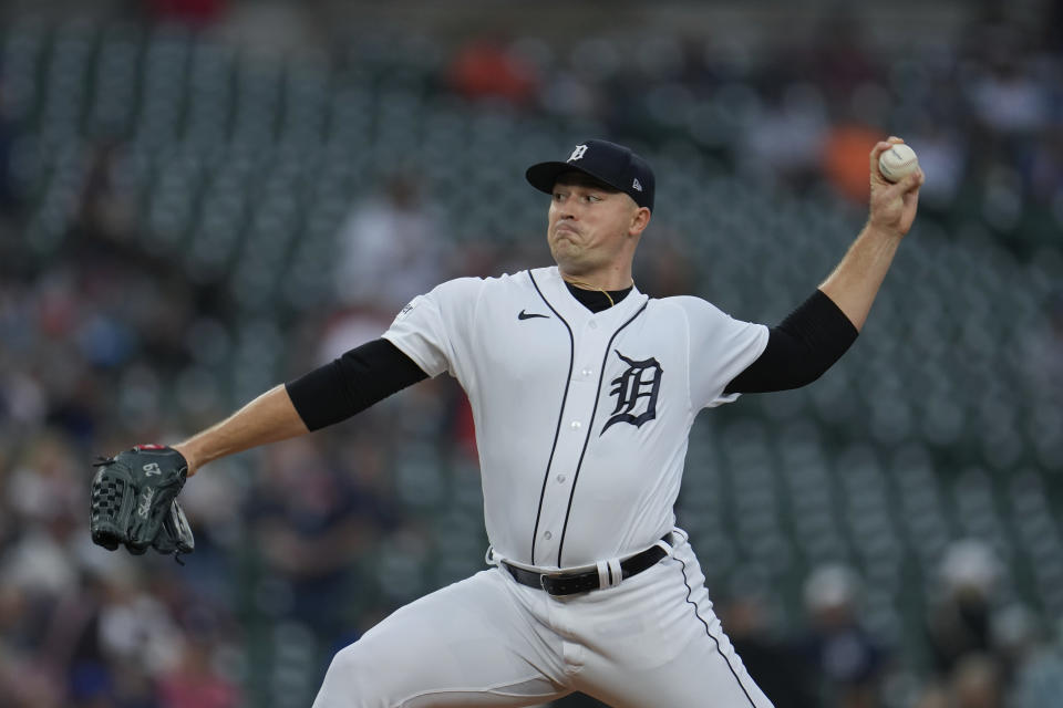 Detroit Tigers pitcher Tarik Skubal throws against the Chicago Cubs in the first inning of a baseball game, Wednesday, Aug. 23, 2023, in Detroit. (AP Photo/Paul Sancya)