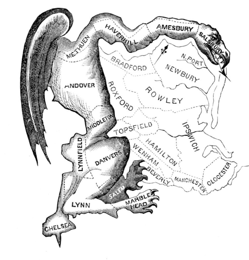 "Gerrymandering" is named for Massachusetts Gov. Elbridge Gerry. It was coined in 1812, following the creation of a legislative district resembling "a mythological salamander."