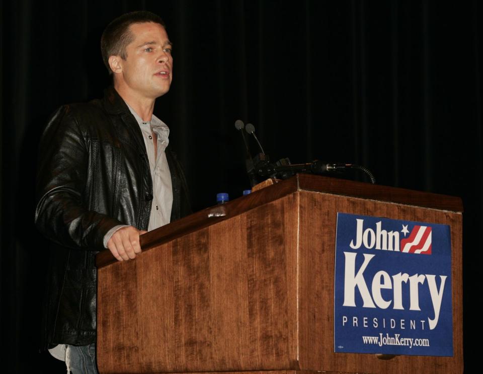 <p>Brad campaigned for then-Democratic presidential candidate John Kerry at the University of Missouri in October 2004. In a <a href="http://www.contactmusic.net/brad-pitt/news/pitt-gets-serious-for-john-kerry" rel="nofollow noopener" target="_blank" data-ylk="slk:speech;elm:context_link;itc:0;sec:content-canvas" class="link ">speech</a> to 1,700 students, Brad urged them to understand the issues at hand in the November 2004 election.</p>