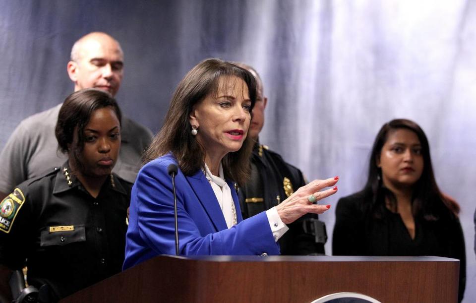 State Attorney Katherine Fernández Rundle, flanked by members of the State Attorney’s Office Human Trafficking Task Force, announces charges against members of an alleged human trafficking ring earlier this year. Fernández Rundle has made fighting human trafficking a priority of her office.