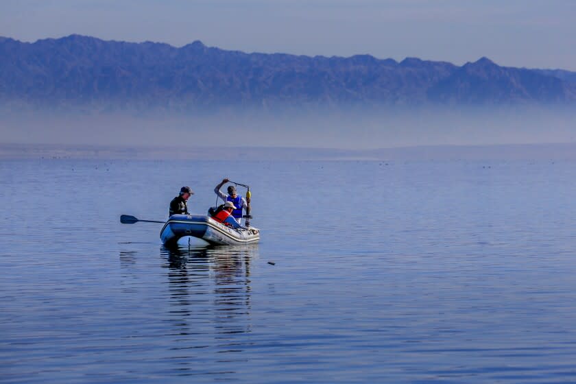 Thermal, CA - November 18: Tim Lyons, 63, Professor UC Riverside, left, Caroline Hung, 24, doctoral student and Charlie Diamond, 36, postdoctoral fellow at UC Riverside use a corer to collect sample of sediments from lake bottom to study effects of runoff from farms into Salton Sea on Thursday, Nov. 18, 2021 in Thermal, CA. (Irfan Khan / Los Angeles Times)