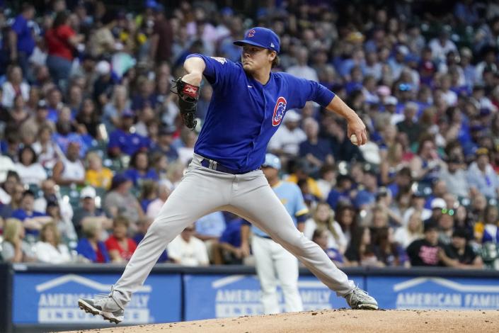 Chicago Cubs starting pitcher Justin Steele throws during the first inning of a baseball game against the Milwaukee Brewers Friday, Aug. 26, 2022, in Milwaukee. (AP Photo/Morry Gash)