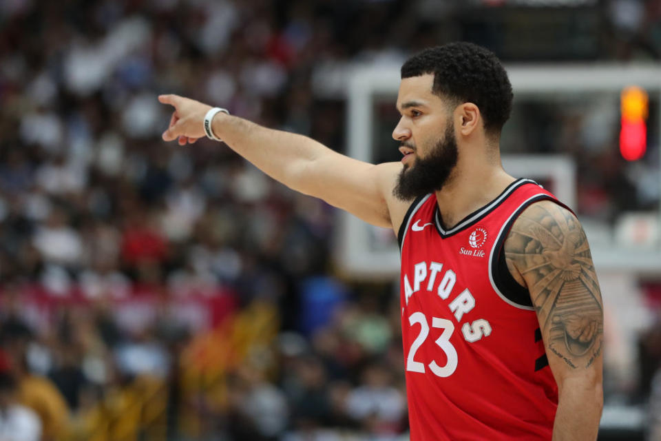 Fred VanVleet #23 of Toronto Raptors gestures during the preseason game between Toronto Raptors and Houston Rockets at Saitama Super Arena. (Photo by Takashi Aoyama/Getty Images)