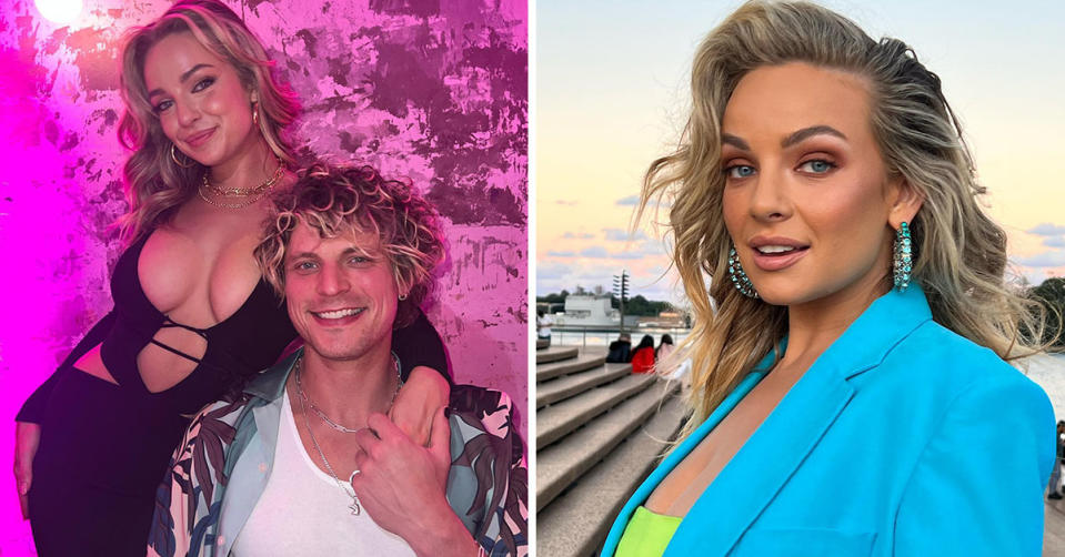 L: Abbie Chatfield and boyfriend Konrad Bien-Stephens pose in front of a bright pink background. R: Abbie Chatfield poses for the camera in a bright blue suit jacket.