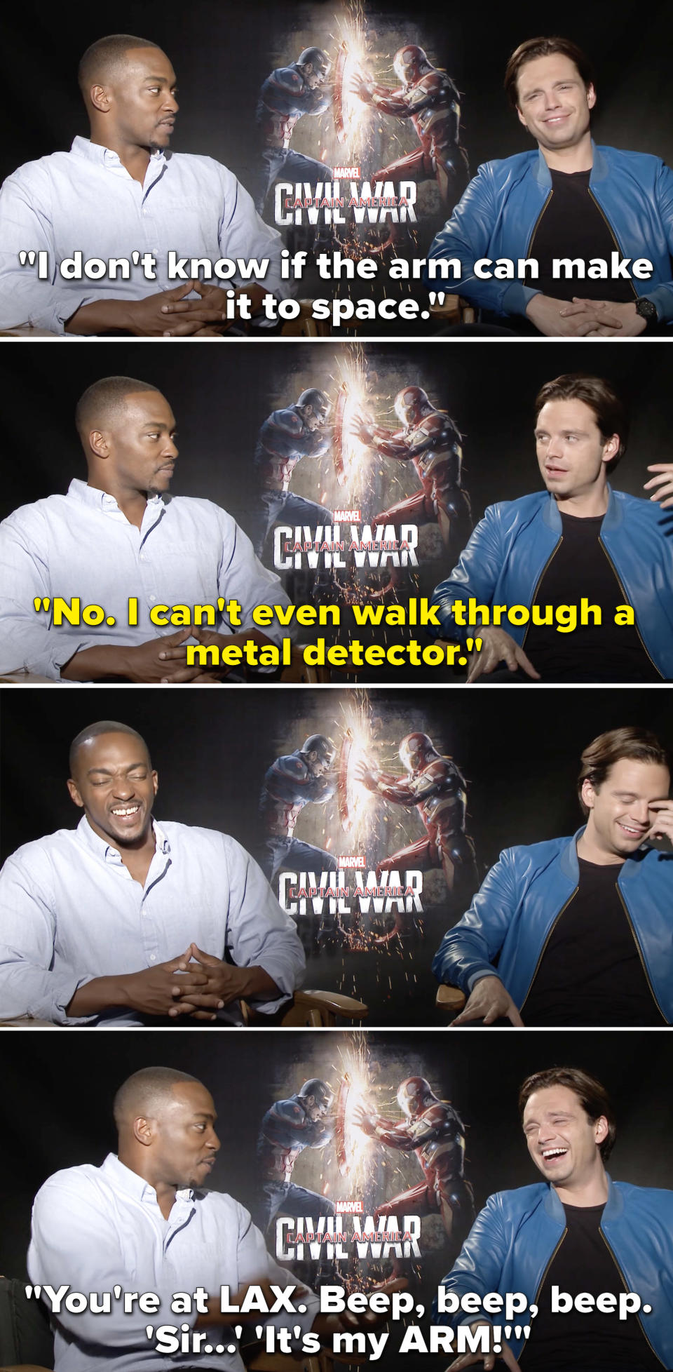 Sebastian saying that Bucky can't even walk through a metal detector
