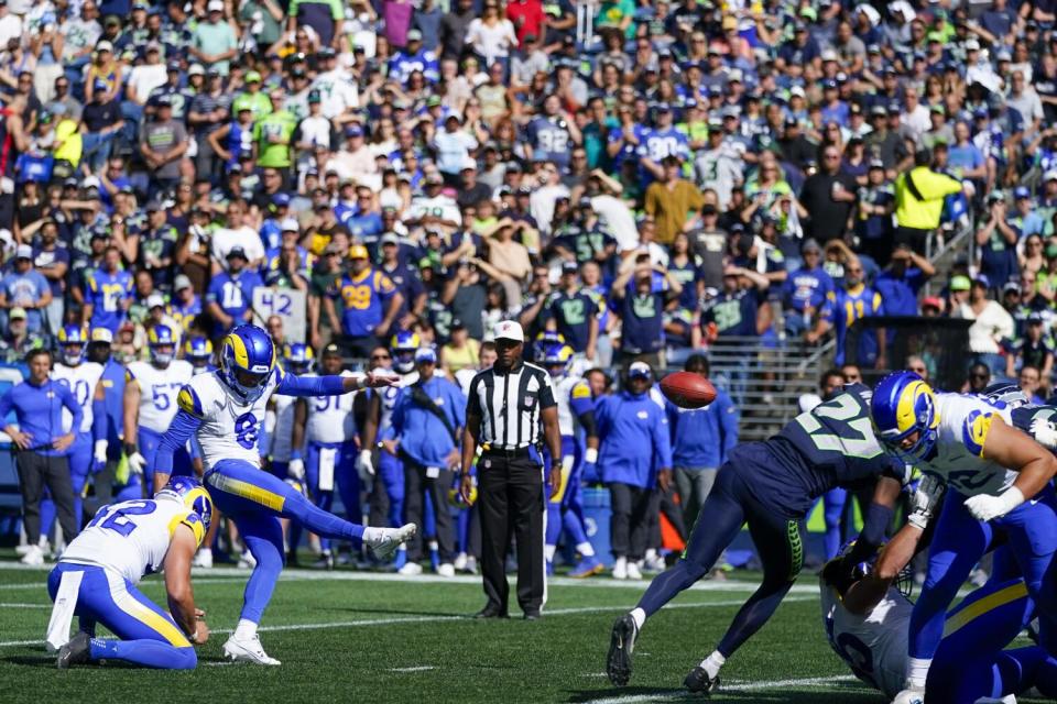 Rams kicker Brett Maher kicks an extra point against the Seattle Seahawks in the second half.