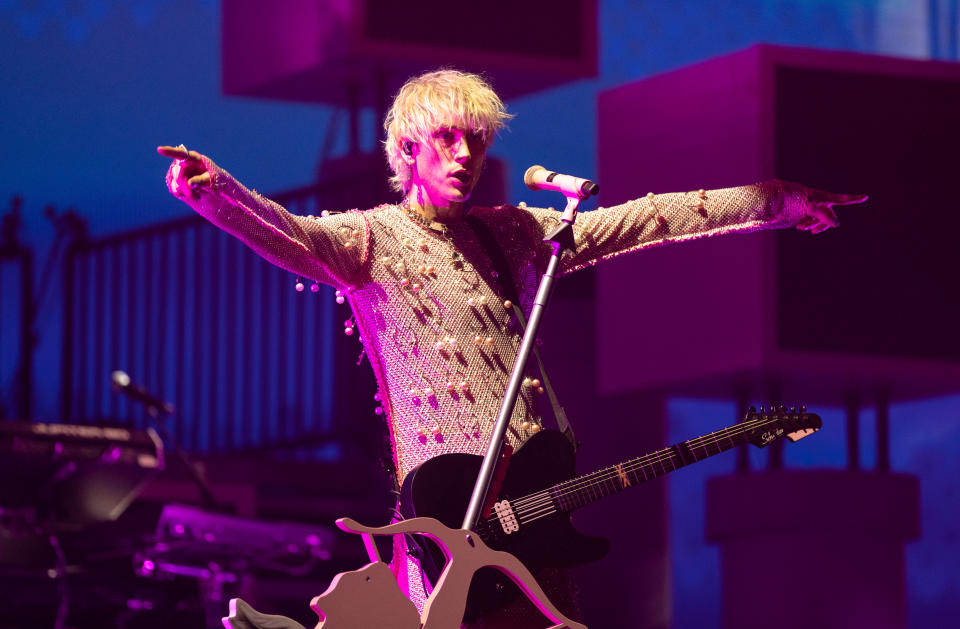 Machine Gun Kelly performs onstage at Bud Light Super Bowl LVI Music Fest held at Crypto.com Arena on February 10, 2022 in Los Angeles, California. - Credit: Christopher Polk for Variety