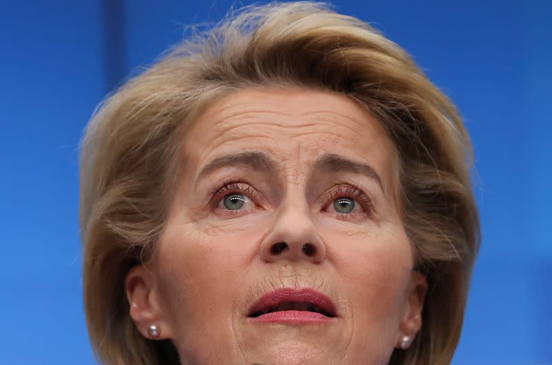 European Commission President Ursula von der Leyen attends a news conference after a virtual summit with Indian Prime Minister Narendra Modi, in Brussels