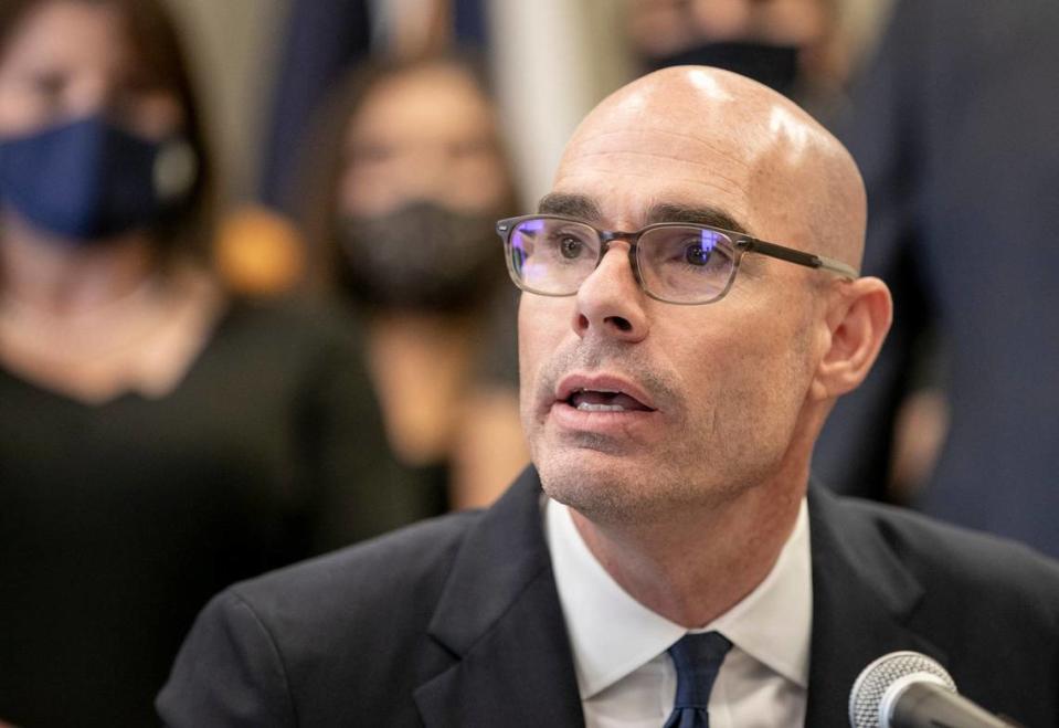 Former Texas Speaker of the House Dennis Bonnen speaks at a news conference in Austin in this file photo from 2020.