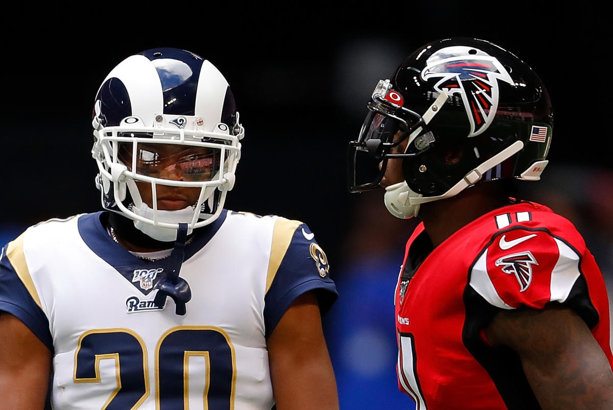 Los Angeles Rams cornerback Jalen Ramsey (5) grabs the jersey of Carolina  Panthers quarterback PJ Walker (11) for a sack during an NFL football game  Sunday, Oct. 16, 2022, in Inglewood, Calif. (