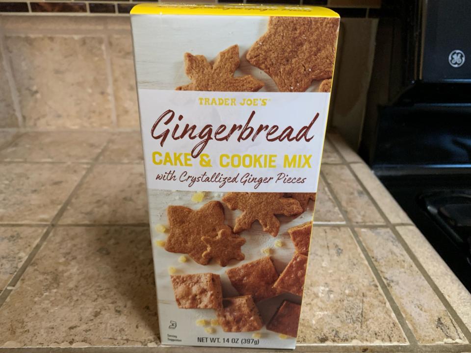 box of Trader Joe's gingerbread mix on kitchen counter