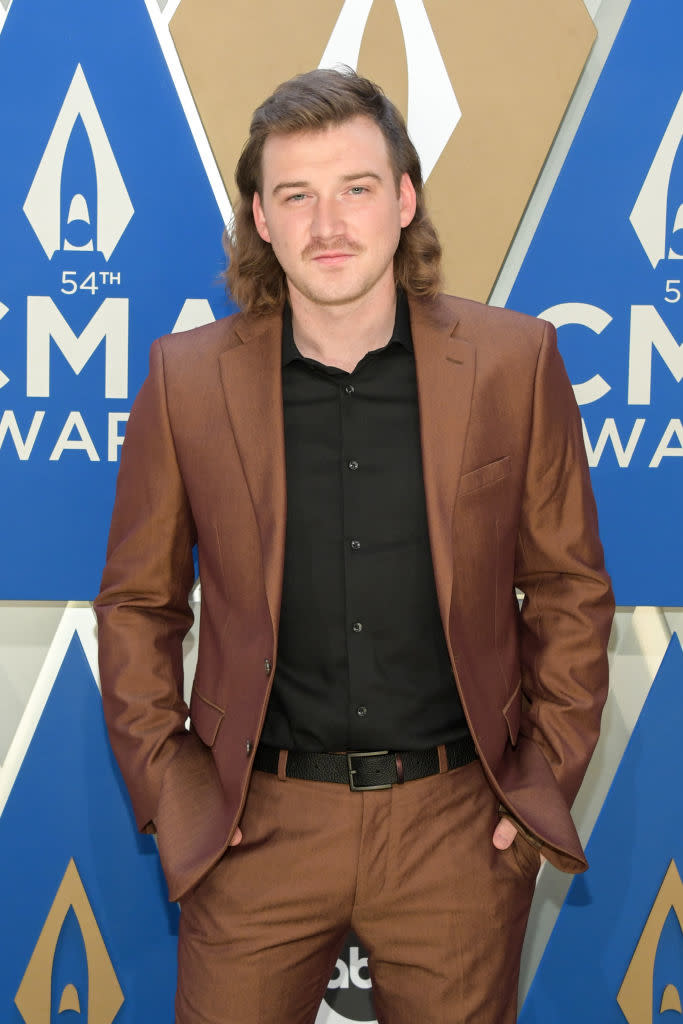 Closeup of Morgan Wallen on the red carpet of an awards show