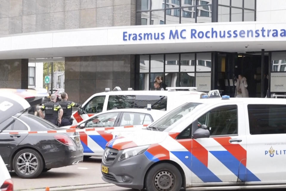 Emergency services attend to the scene at Erasmus Medical Center, Rotterdam, the Netherlands, Thursday Sept. 28, 2023. Police in the Netherlands say that people have been killed in two shootings in the Dutch port city of Rotterdam, one at a university hospital and one at a nearby home. (AP Photo)