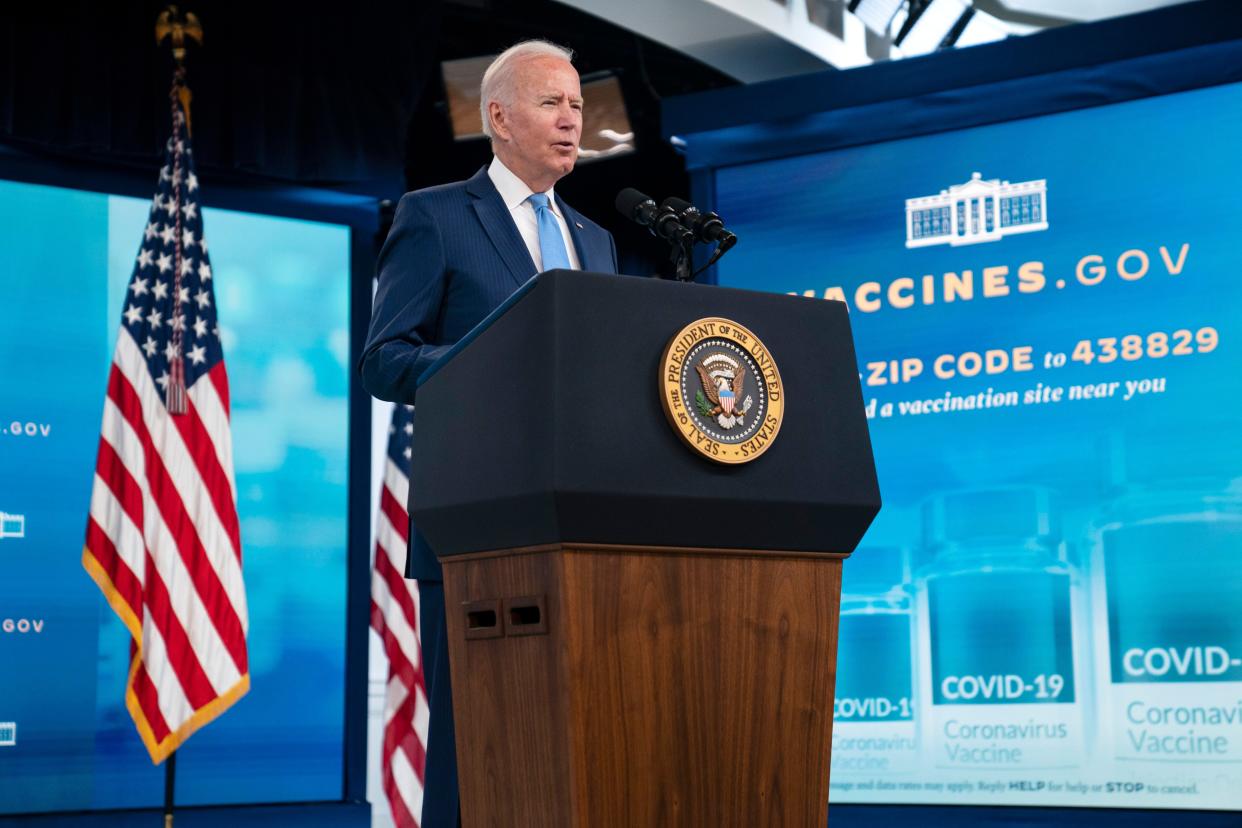 President Joe Biden delivers remarks on the full FDA approval of the Pfizer-BioNTech coronavirus vaccine in the South Court Auditorium on the White House campus on Monday, Aug. 23, 2021, in Washington.