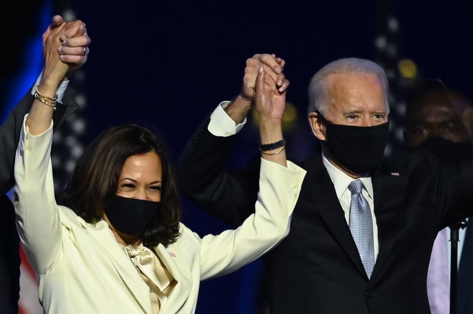 President-elect Joe Biden and Vice President-elect Kamala Harris celebrate their victory in Wilmington, Delaware on Nov. 7, 2020.