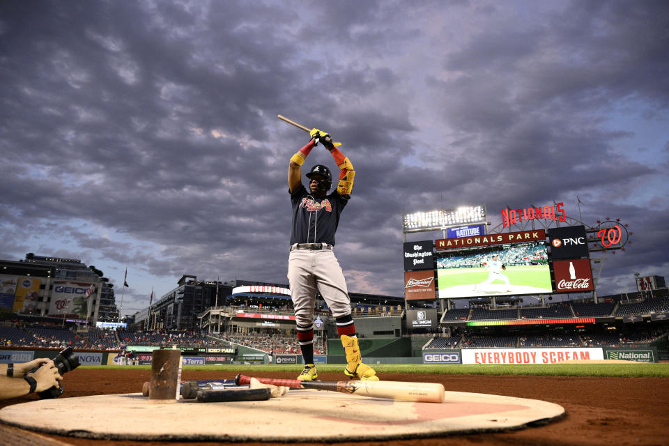 Atlanta Braves' Ronald Acuna Jr. warms up before a baseball game against the Washington Nationals, Monday, Sept. 26, 2022, in Washington. (AP Photo/Nick Wass)