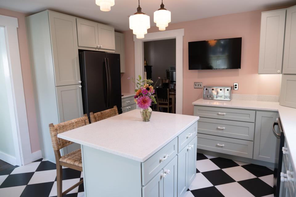 Fans of Art Deco architecture and aesthetics, the couple wanted the kitchen in this home in Louisville's Clifton neighborhood to look like it was designed anywhere between the 1920s and 1980s, with a nod to Miami style.