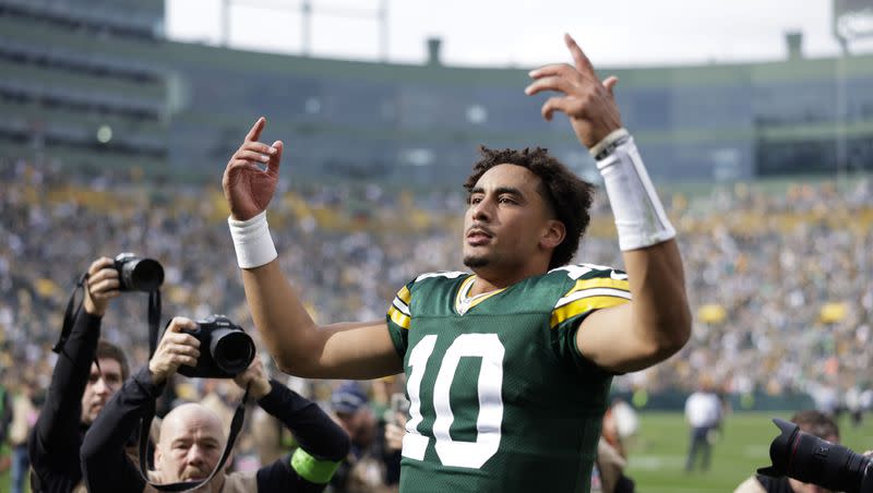 Green Bay Packers quarterback Jordan Love (10) celebrates after an NFL football game against the New Orleans Saints Sunday, Sept. 24, 2023, in Green Bay, Wis. The Packers won 18-17. 