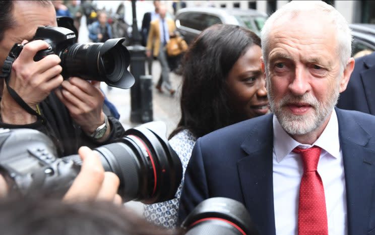 Jeremy Corbyn pictured in London today ahead of his foreign policy speech (Rex)