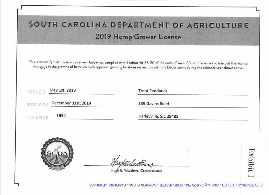 Trent Pendarvis’ hemp growers license awarded to him by the SC Department of Agriculture in 2019.