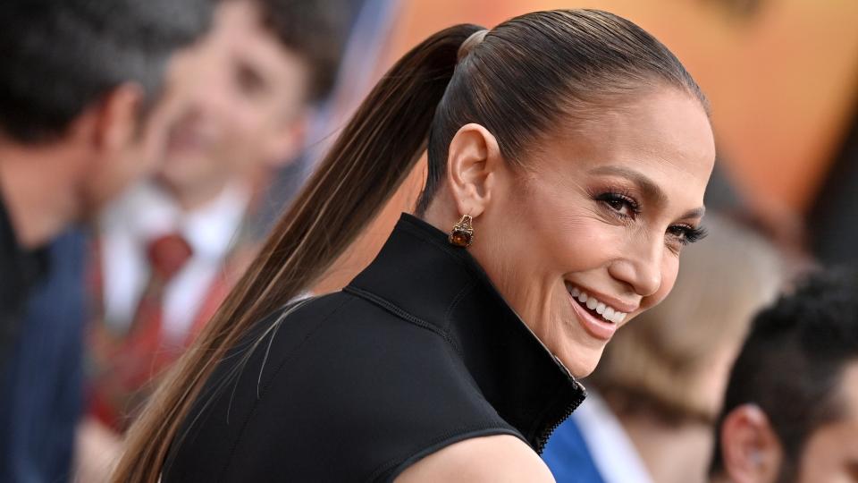 Jennifer Lopez is pictured with a long ponytail as she attends the Los Angeles Premiere of Warner Bros. 