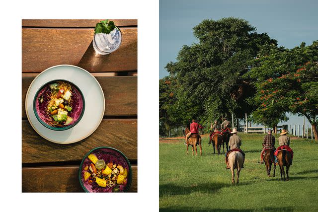 <p>Carmen Campos</p> From left: Locally sourced açaí bowls by chef Fábio Vieira at Cristalino Lodge; horseback riding at Caiman, an ecological reserve in western Brazil.