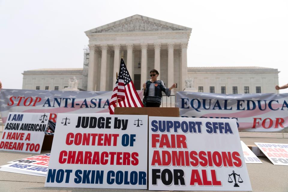 Outside the Supreme Court that it struck down affirmative action admissions policies used by Harvard College and the University of North Carolina to diversify their campuses.