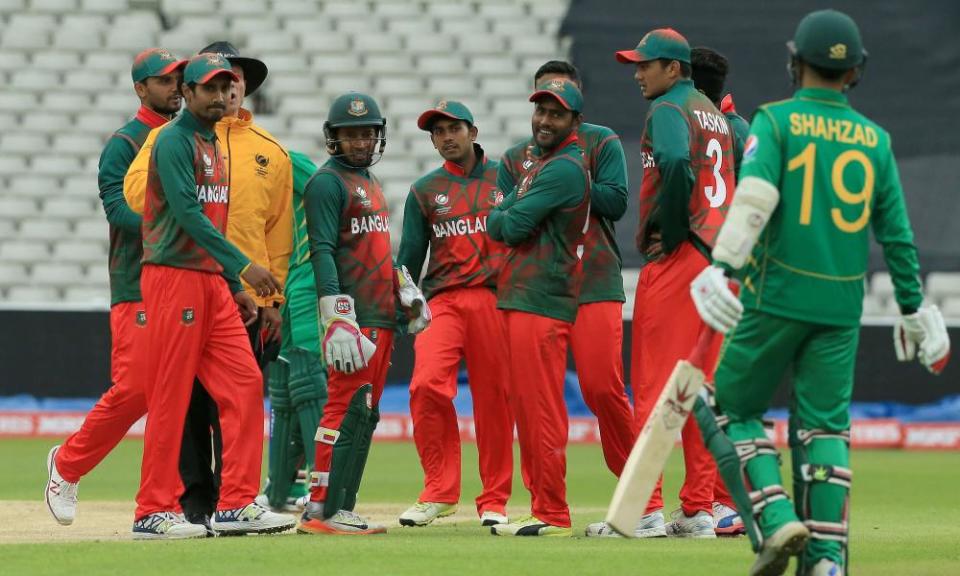 Bangladesh’s Shakib Al Hasan celebrates a wicket with his team-mates in his side’s warm-up match with Pakistan at Edgbaston.