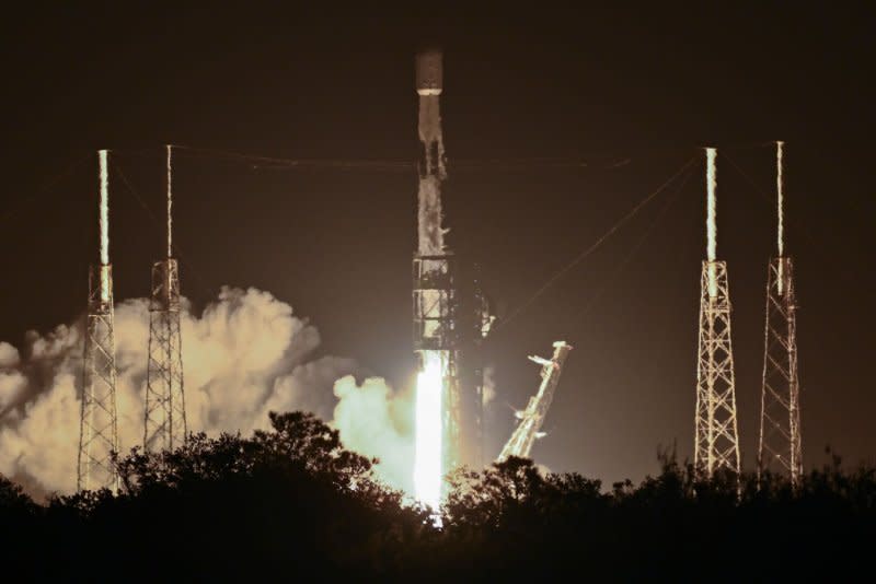 A SpaceX Falcon 9 rocket launches 22 Starlink satellites from Launch Complex 40 at 12:33 AM from the Cape Canaveral Space Force Station, Florida on Saturday. Photo by Joe Marino/UPI