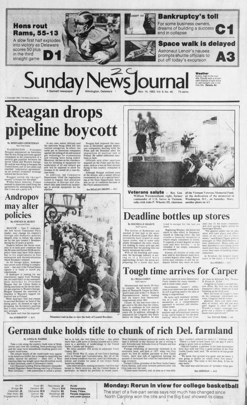 Front page of the Sunday News Journal from Nov. 14, 1982.