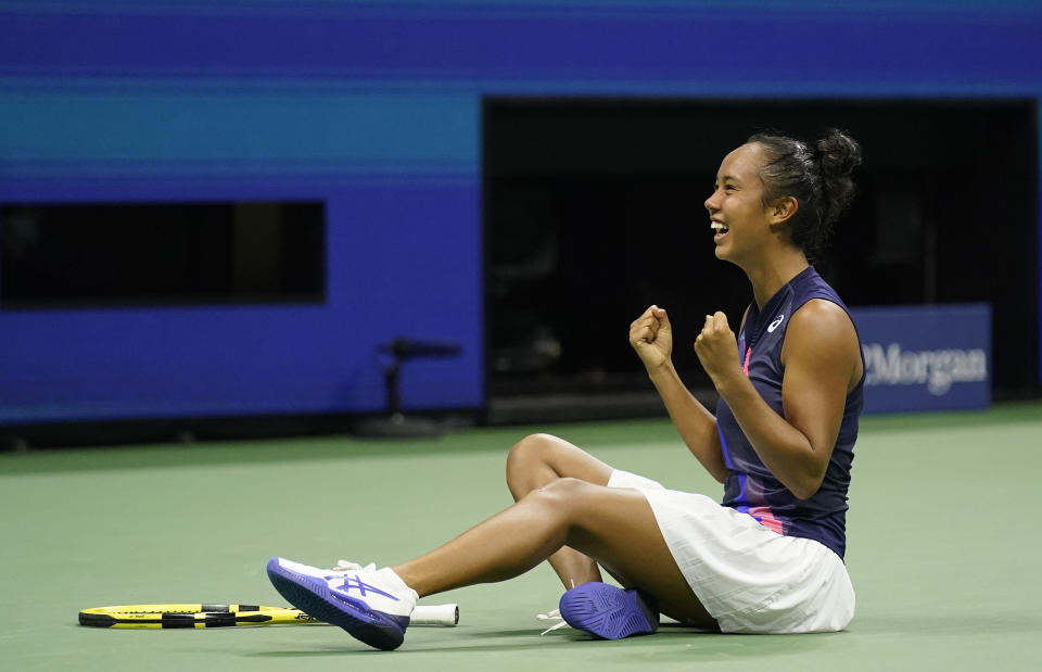 Leylah Fernandez, of Canada, reacts after defeating Aryna Sabalenka,of Belarus, during the semifinals of the US Open tennis championships, Thursday, Sept. 9, 2021, in New York. (AP Photo/Seth Wenig)