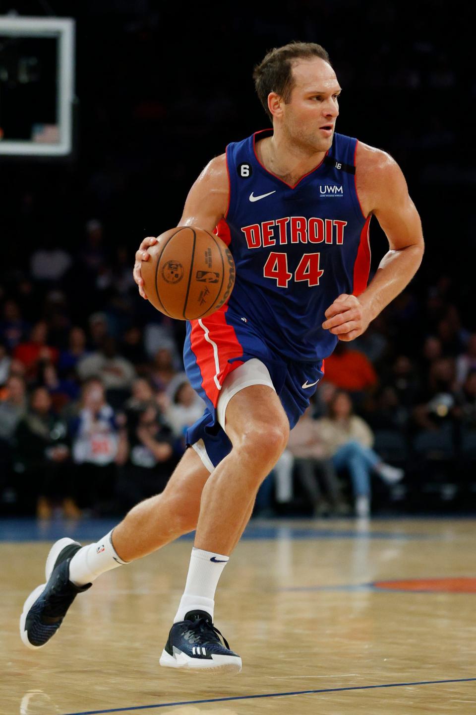 Pistons forward Bojan Bogdanovic dribbles during the first half of the preseason game at Madison Square Garden on Tuesday, Oct. 4, 2022.