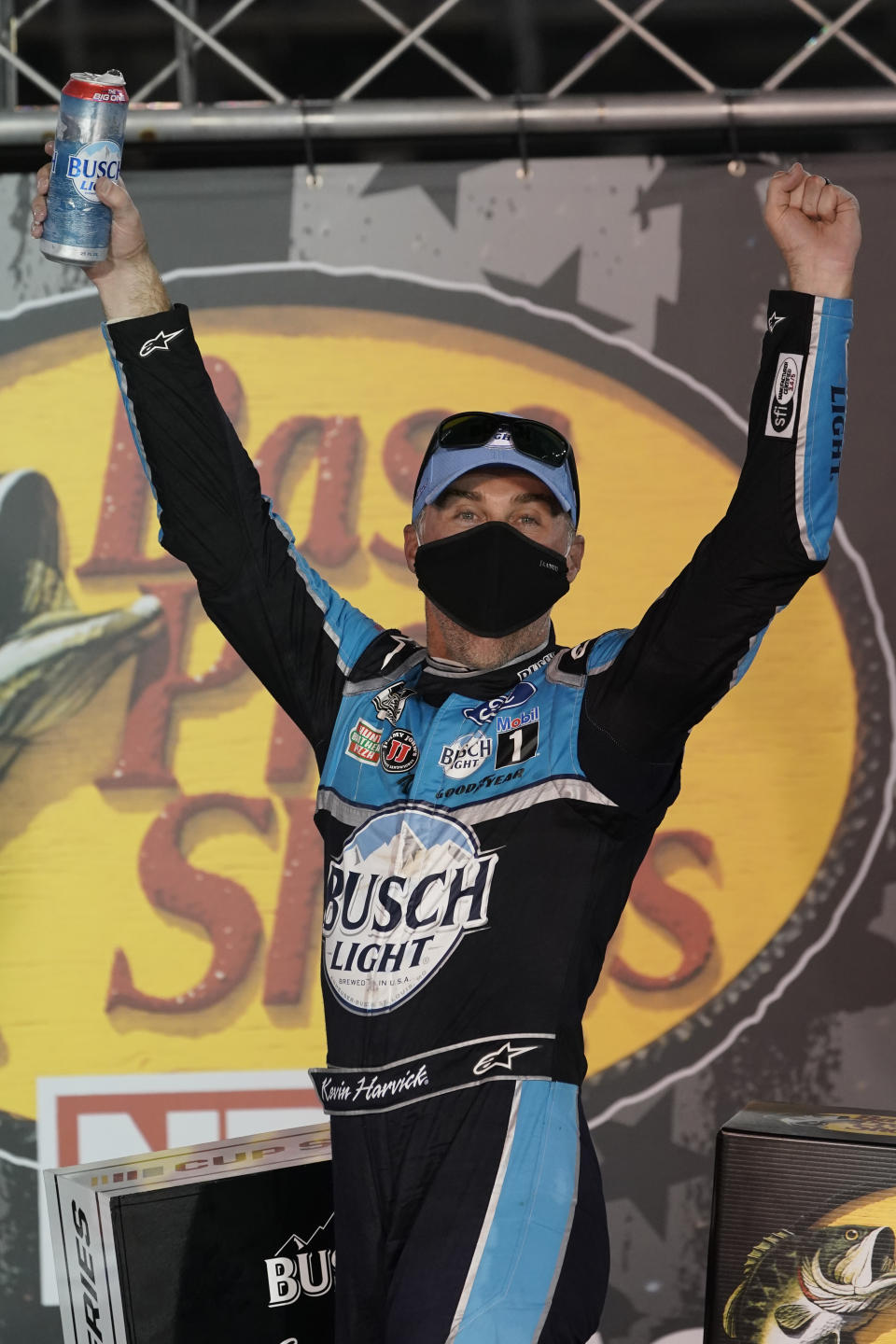 Kevin Harvick celebrates in Victory Lane after his win in the NASCAR Cup Series auto race Saturday, Sept. 19, 2020, in Bristol, Tenn. (AP Photo/Steve Helber)