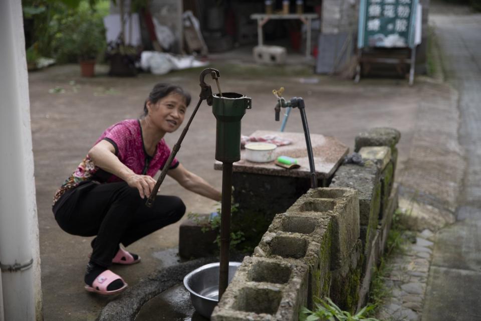 A villager pumps water from a well in Xixinan village, Anhui province.