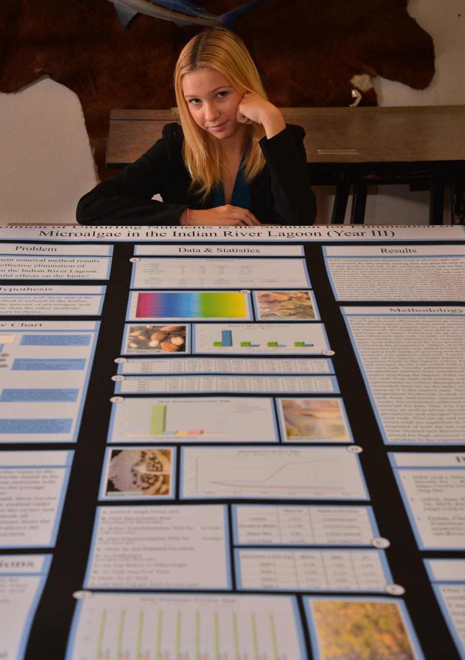 Erin Gaydar, a senior at Edgewood Jr./Sr. High School on Merritt Island, displays the science fair project  that took first-place honors at the state level and got her a bid to the International Science and Engineering Fair in Atlanta. Her project deals with eliminating microalgae in the Indian River Lagoon.