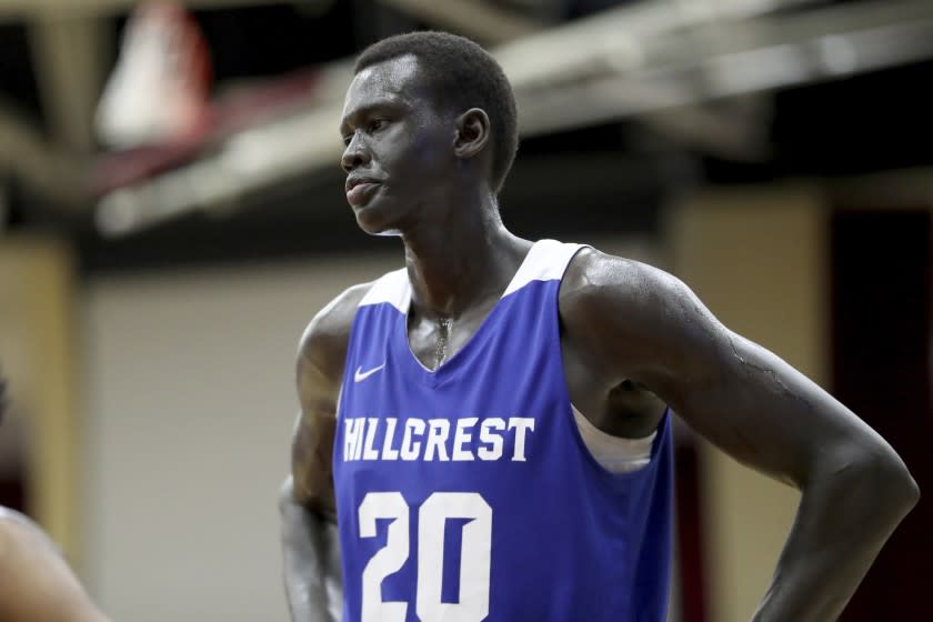 Hillcrest Prep's Makur Maker #20 is seen against Sunrise Christian Academy during a high school basketball game at the Hoophall Classic, Sunday, January 19, 2020, in Springfield, MA. (AP Photo/Gregory Payan)