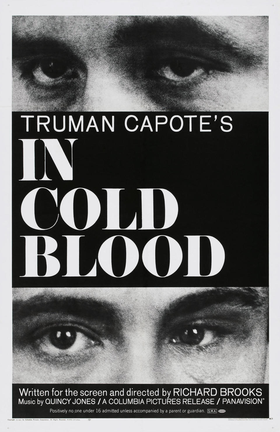 Poster image for the movie "In Cold Blood" showing the eyes of the killers separated by the title card in large white block letters