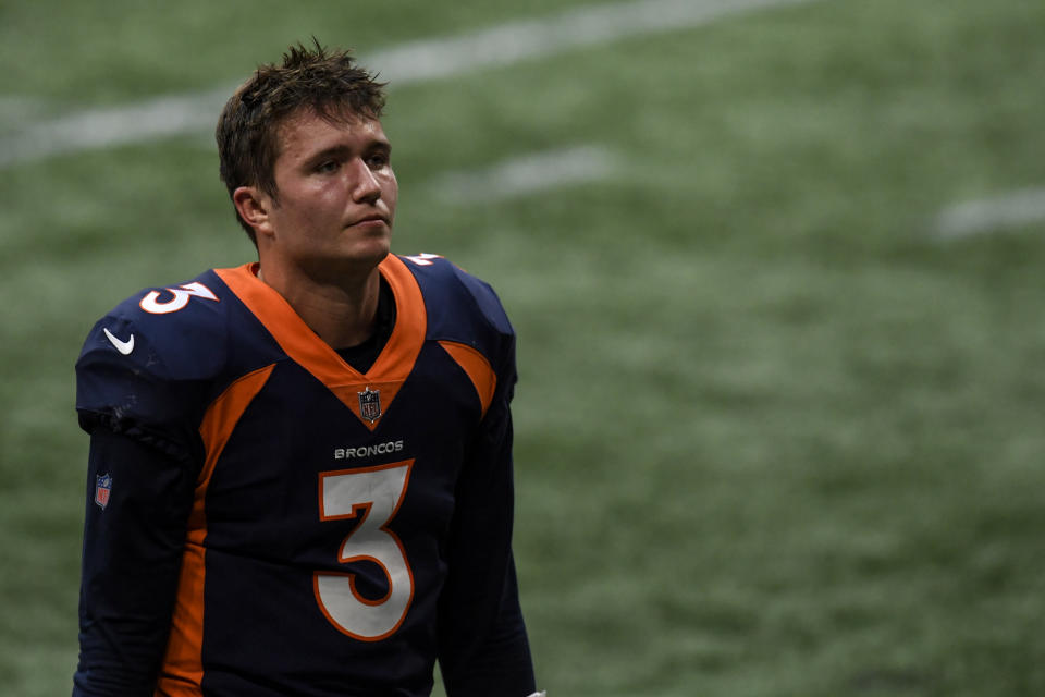 ATLANTA , GA - NOVEMBER 8: Drew Lock (3) of the Denver Broncos walks off the field after the second half of Atlanta's 34-27 win at Mercedes-Benz Stadium on Sunday, November 8, 2020. (Photo by AAron Ontiveroz/MediaNews Group/The Denver Post via Getty Images)