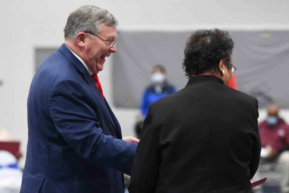 State Rep. John Ragan greets attendees during a celebration of the Clinton 12 and Scarboro 85 at the Scarboro Community Center in Oak Ridge, Tenn., on Aug. 31, 2021.