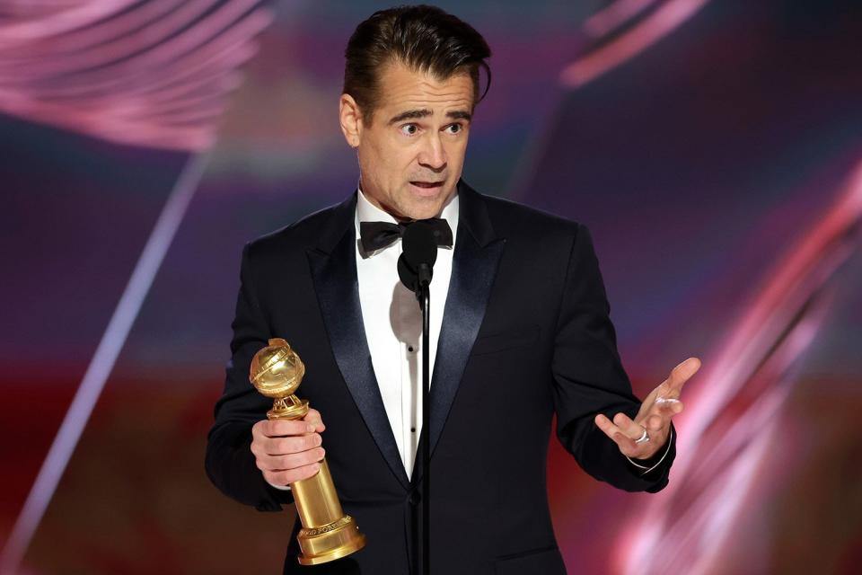 Colin Farrell accepts the Best Actor in a Motion Picture – Musical or Comedy award for "The Banshees of Inisherin" onstage at the 80th Annual Golden Globe Awards held at the Beverly Hilton Hotel on January 10, 2023 in Beverly Hills, California.