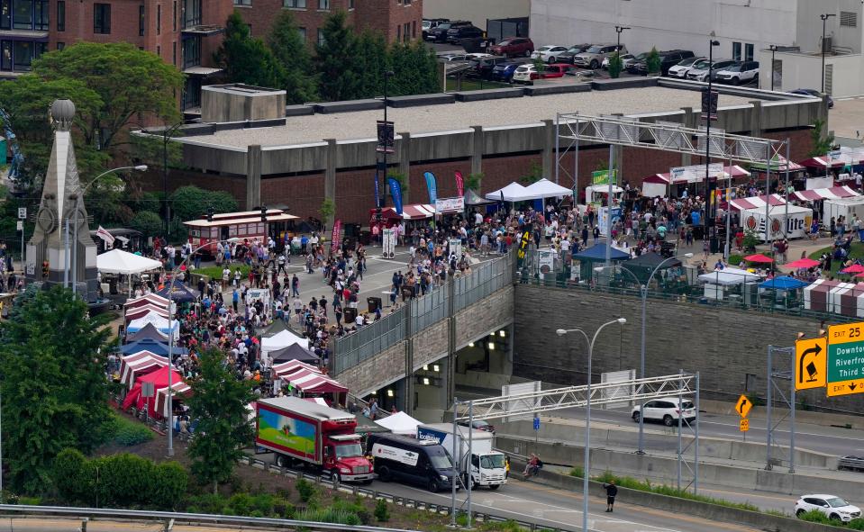 A view of Taste of Cincinnati 2023 from Mt. Adams. The annual food festival will return to Fifth Street in downtown Cincinnati during Memorial Day weekend, May 25-27.